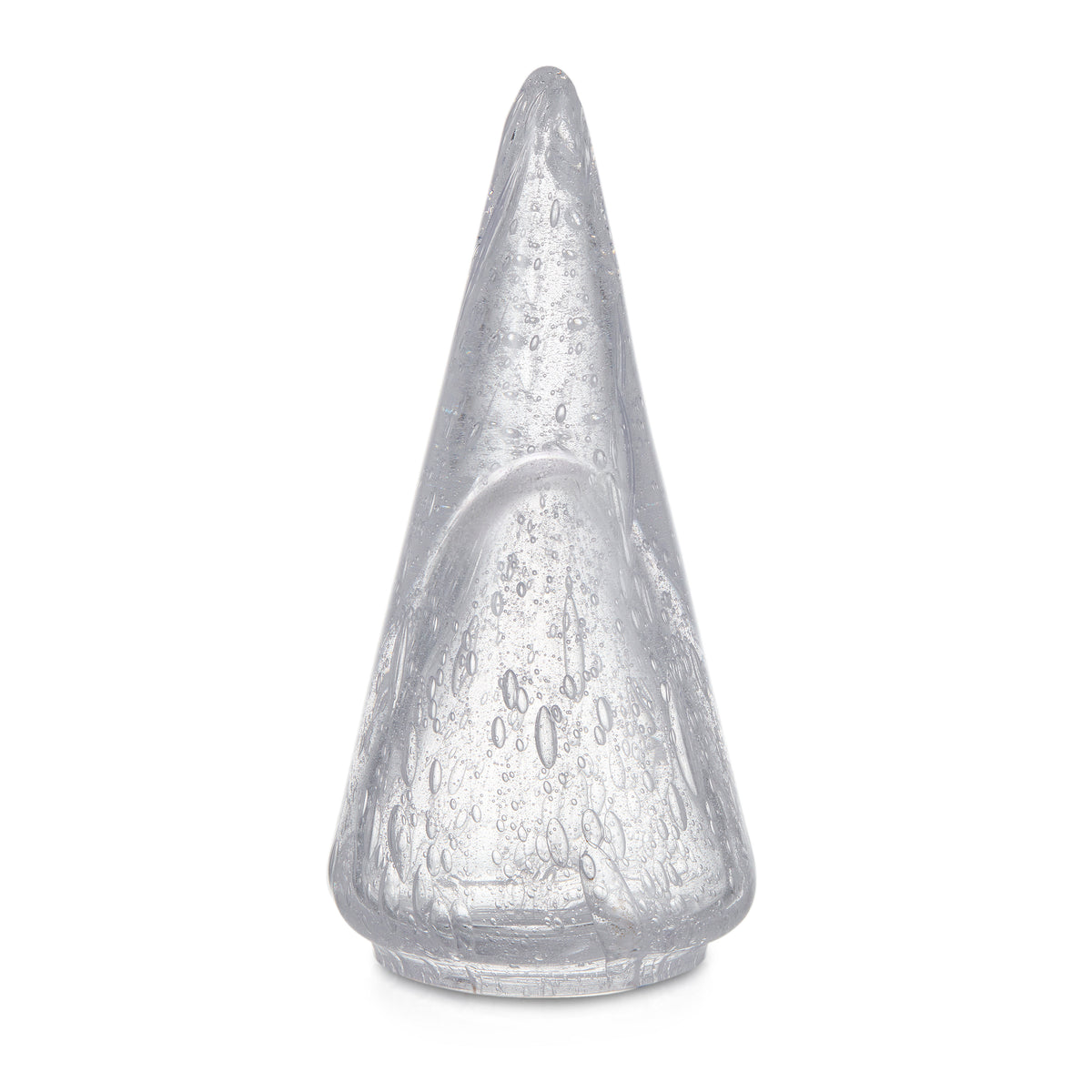 Silver conical tree-shaped candle with textured surface and pointed top.