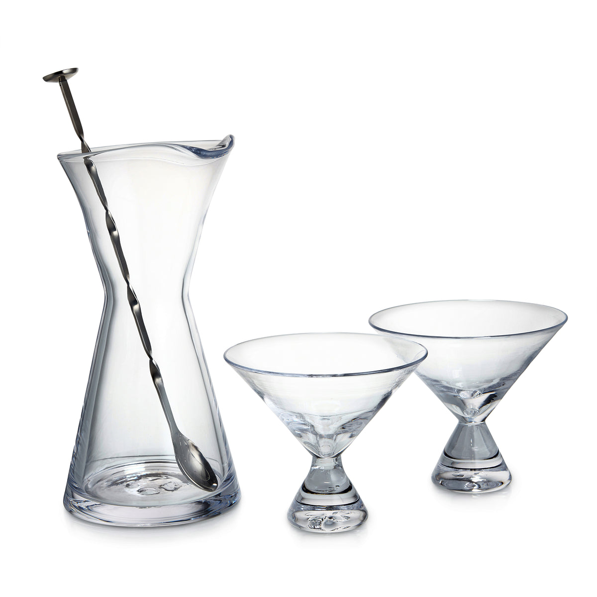 Glass bar set containing a mixing pitcher with stirring rod and two martini glasses with blue-rimmed edges.