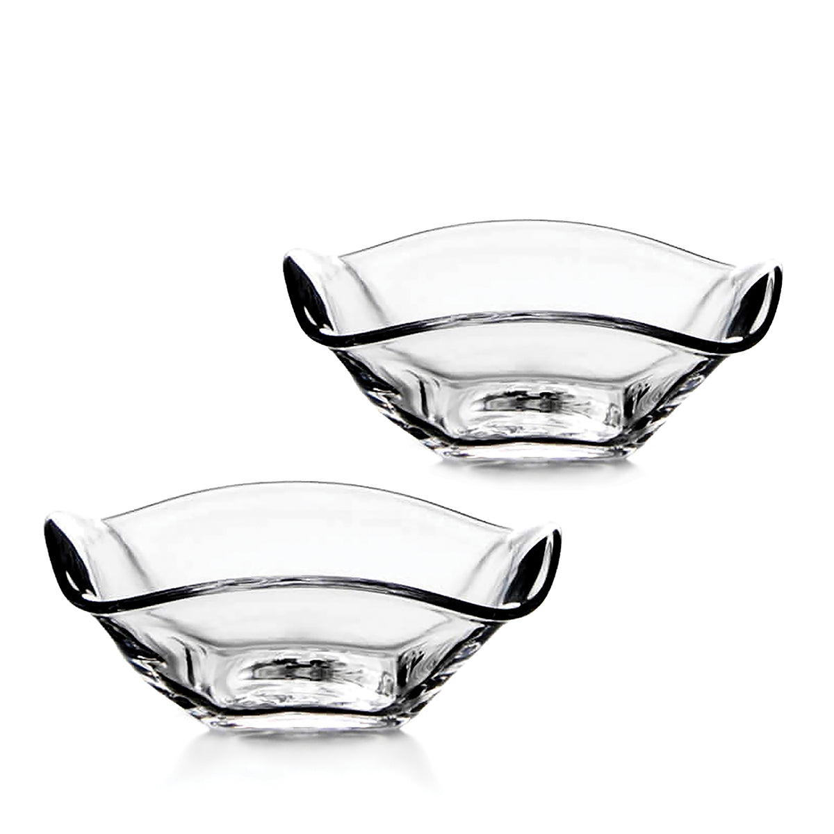 Two clear glass bowls with black handles in a hexagonal shape.