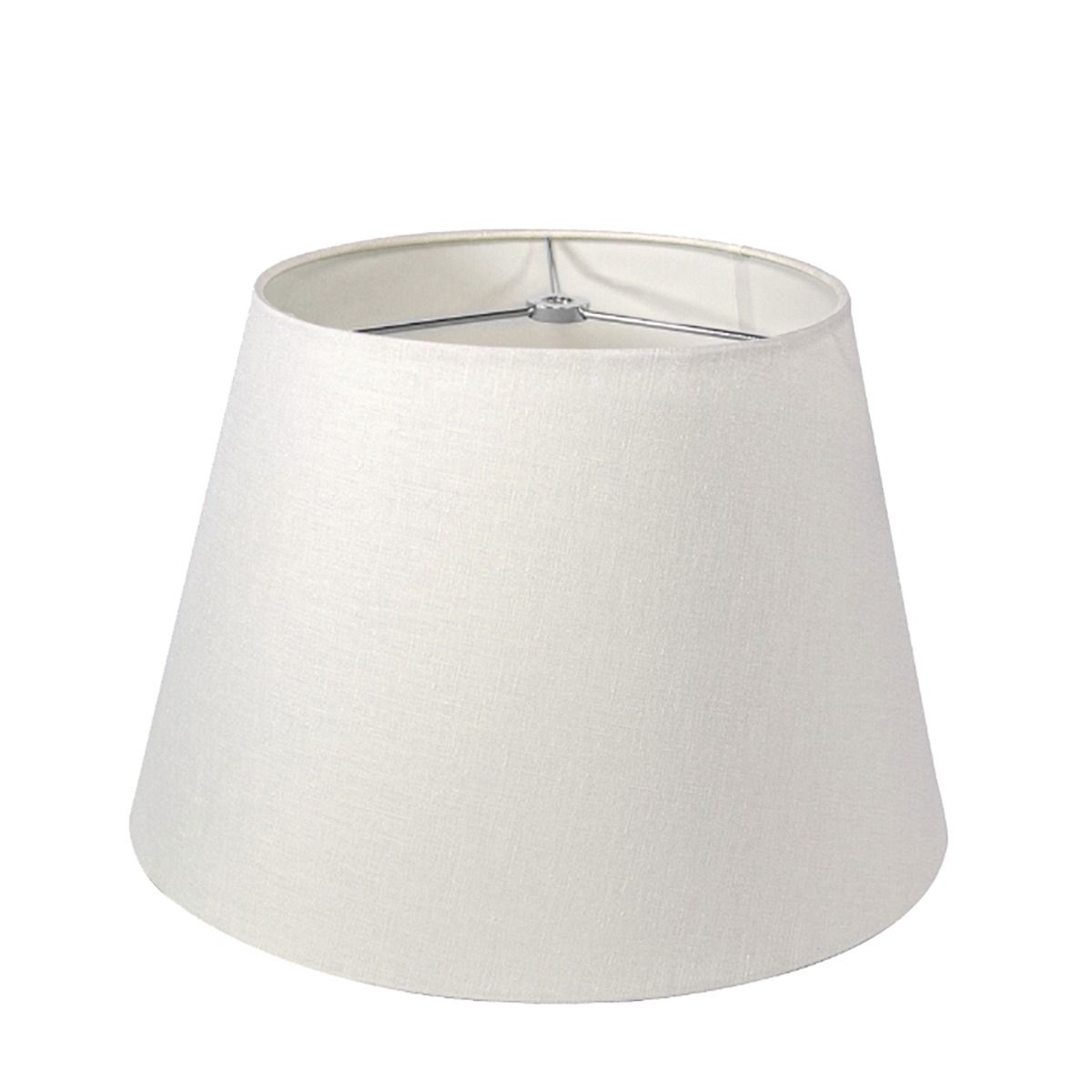 White linen tapered lamp shade with metal interior support and three-point connector at top.
