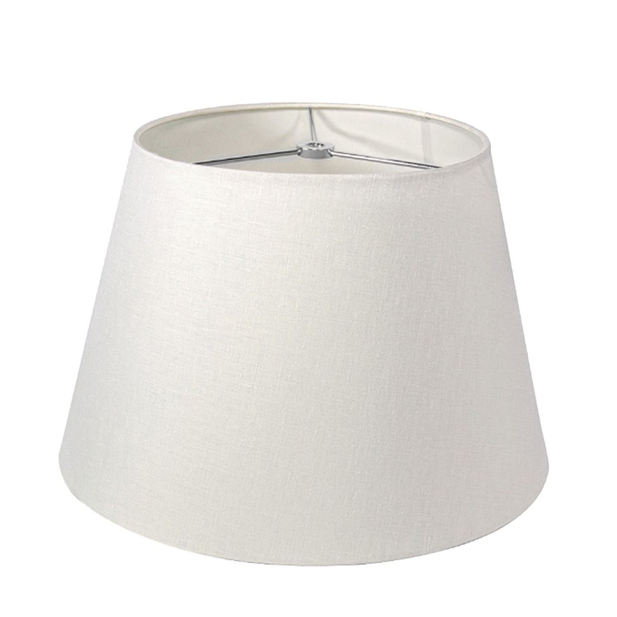 White linen tapered lamp shade with metal spider fitter and interior visible.