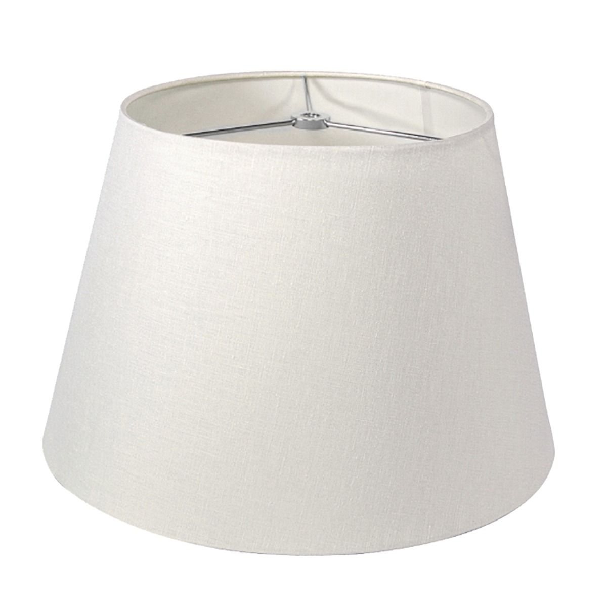 White linen tapered lamp shade with metal interior frame and support structure.